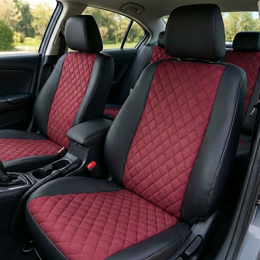 Чехлы на сиденья Чехлы на сиденья авто для Fiat Fiorino III (Fiorino 3) 5 мест из эко кожи и алькантары красные Alux-2409