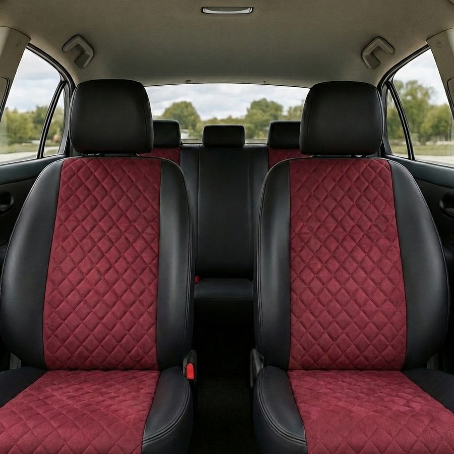 Чехлы на сиденья Чехлы на сиденья авто для Honda Civic 9 Sedan (Civic IX) из эко кожи и алькантары красные Alux-2488