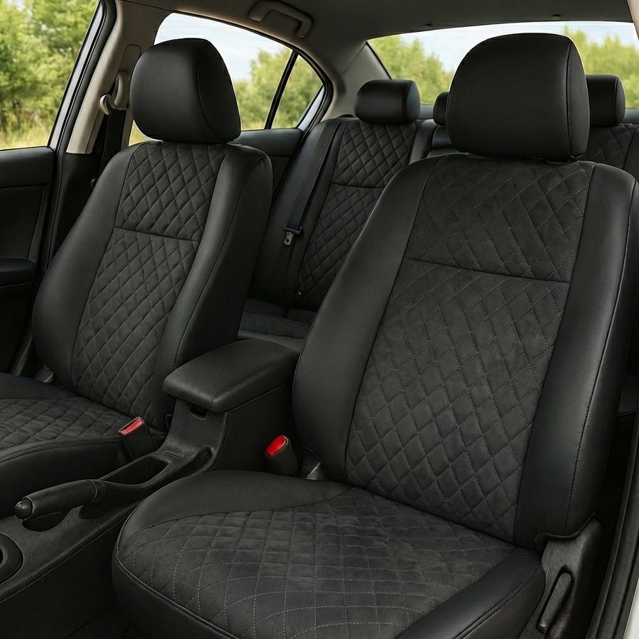 Чехлы на сиденья Чехлы на сиденья авто для Chery Е5 из эко кожи и алькантары черные Alux-3792